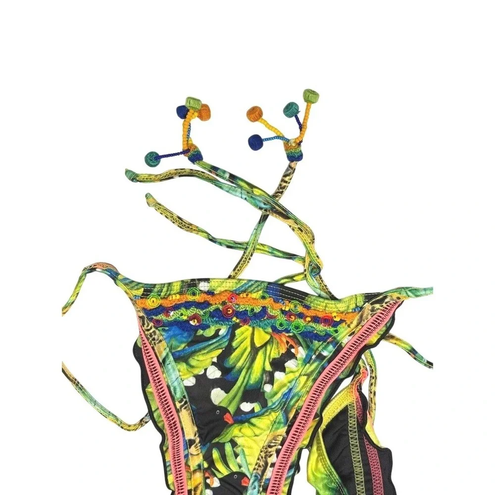 Agua Bendita Ave Birds Bikini Swim Bottom LARGE Green Black‎ Hand Embellished